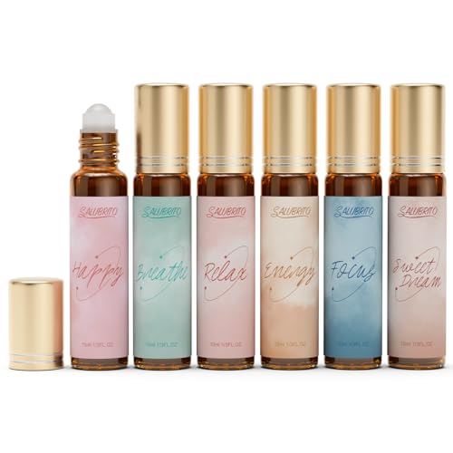 SALUBRITO Essential Oil Roll On Set, 6x10ml Aromatherapy Oil Roller Ball, Essential Oil Blend for Skin, Anxiety Relief, Relaxation Gift for Women - Relax, Breath, Happy, Energy, Focus, Sweet Dream